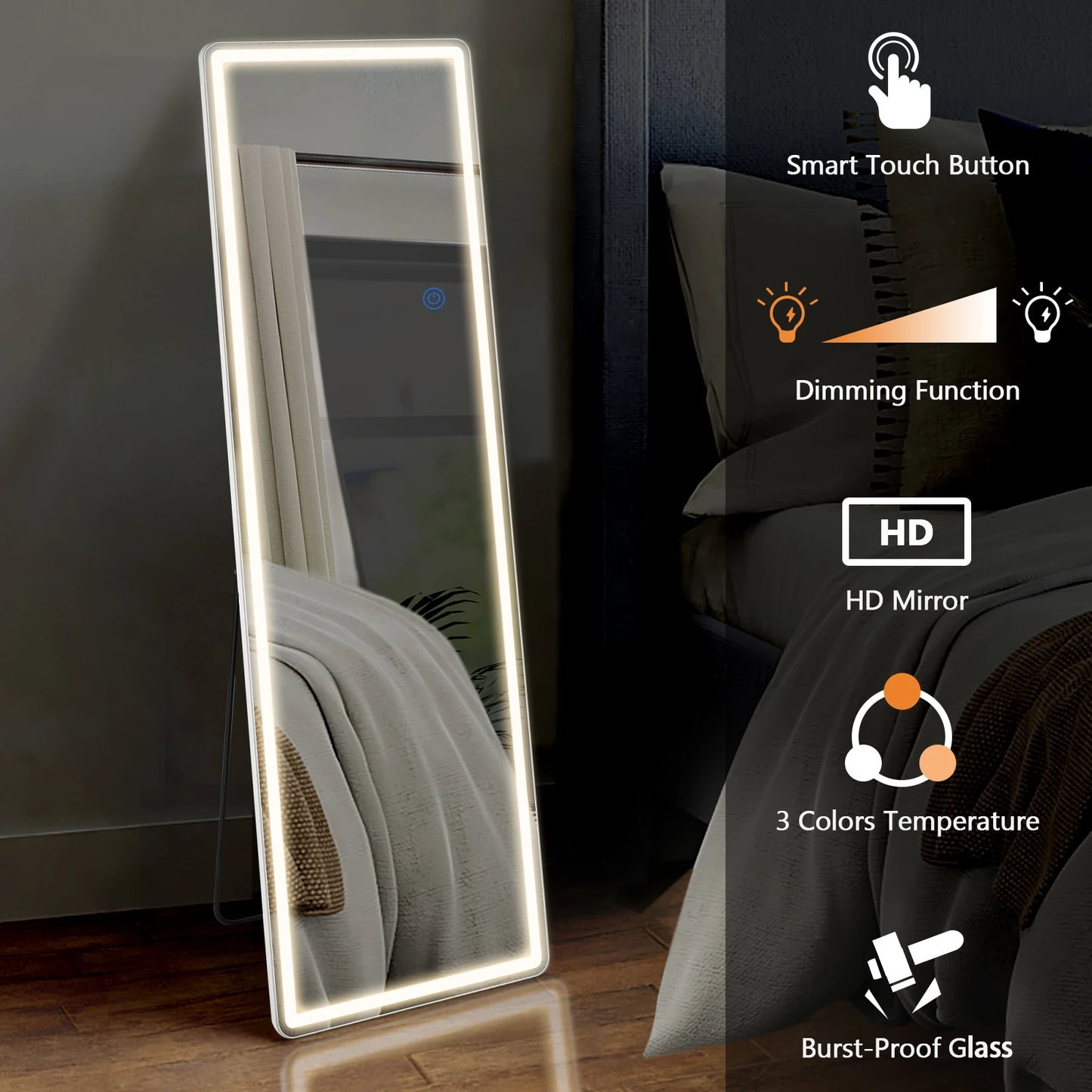 IComfyHome Led 64"x21" Full Length Mirror Standing Hanging or Wall-Mounted Mirrors with Stand Aluminum Alloy Frame For Living Room