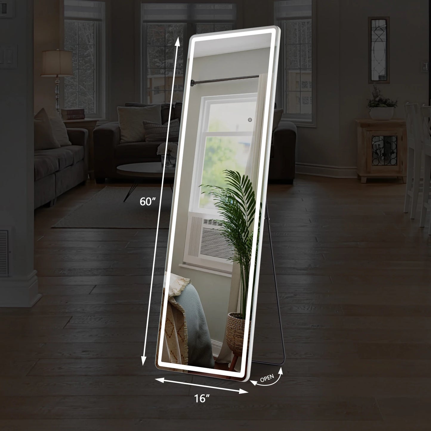 IComfyHome 60"x16" Led Dimming Full Length Mirror 3 Color Lighting Aluminum Alloy Frame Standing Hanging Floor Mirrors For Living Room