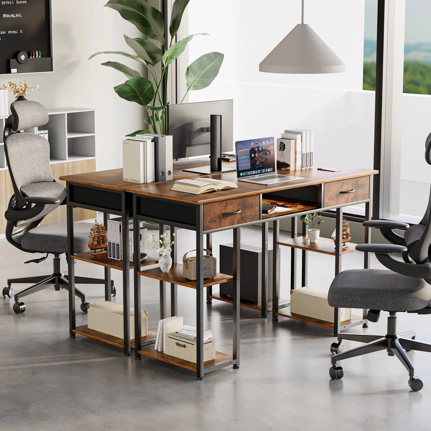 IComfyHome 48 Inch Double Deck Shelving Office Computer Desk with Pull-out Fabric Storage Drawers Metal Frame Adjustable Feet Table 