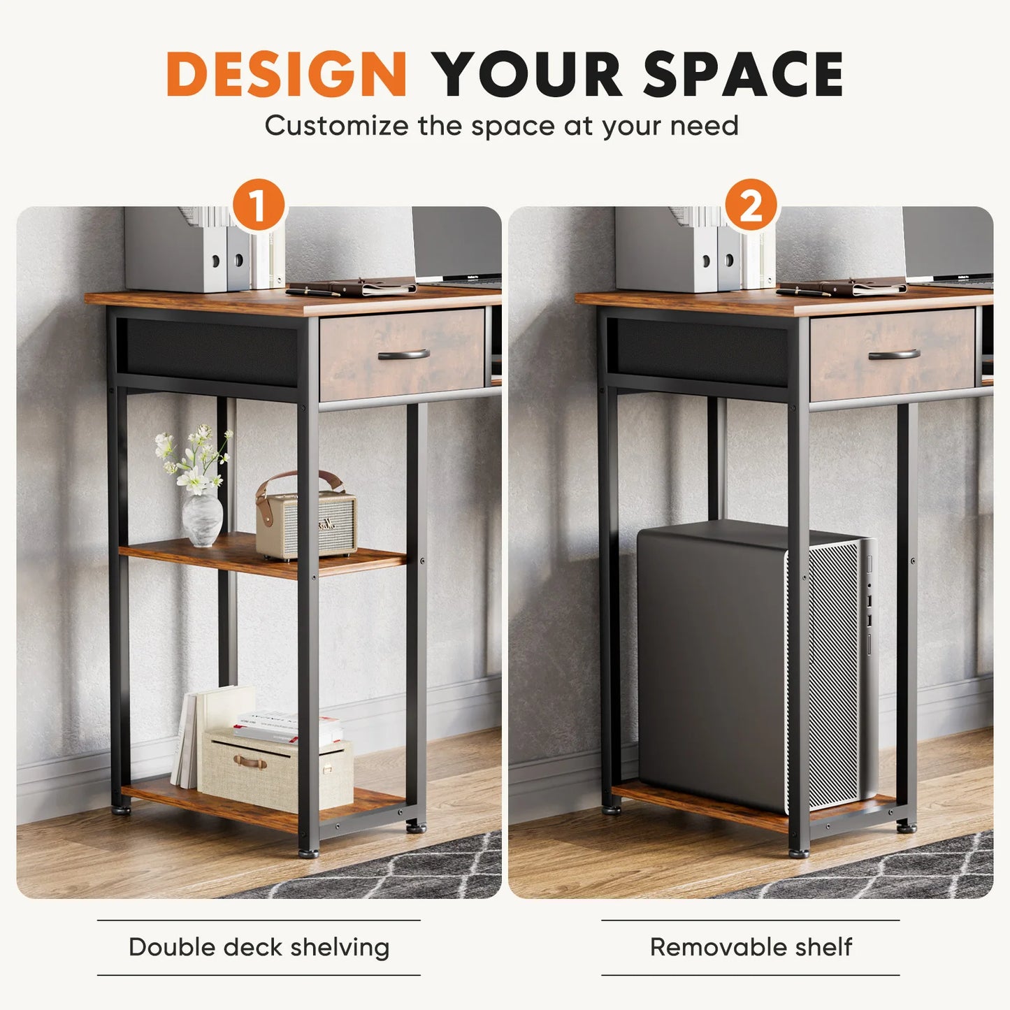 IComfyHome 48 Inch Double Deck Shelving Office Computer Desk with Pull-out Fabric Storage Drawers Metal Frame Adjustable Feet Table 
