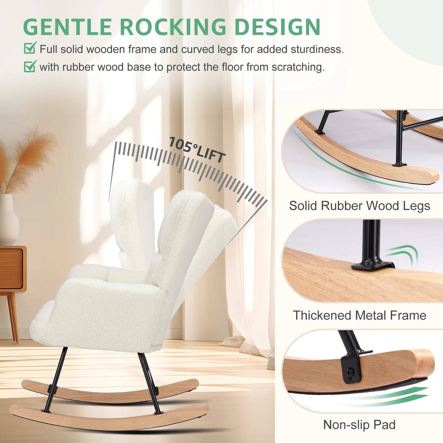 IComfyHome Teddy Fabric Upholstered Glider With High Backrest Padded Seat Accent Recliner Cushion Rocker Armchair Bedroom Furniture
