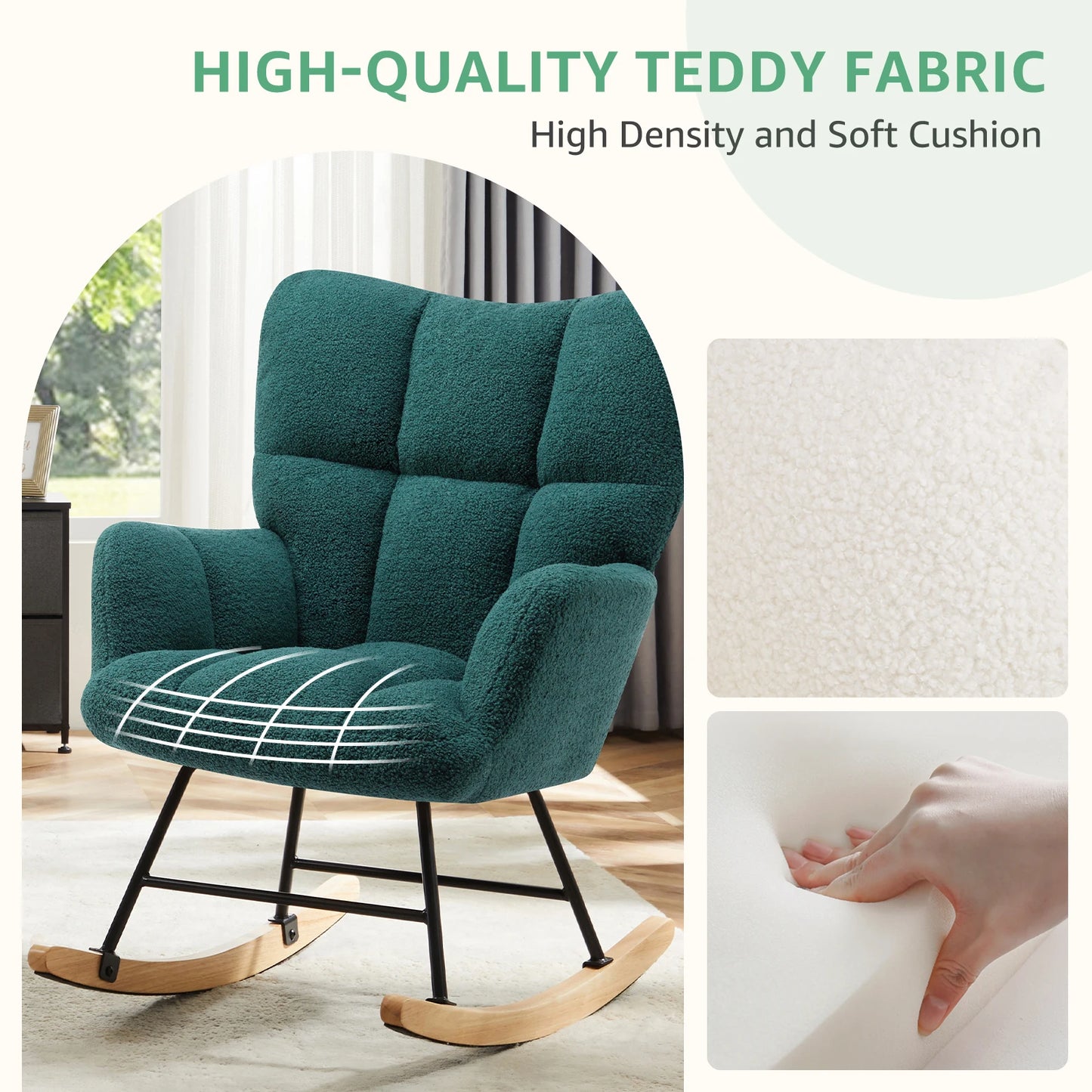 IComfyHome Teddy Fabric Upholstered Glider With High Backrest Padded Seat Accent Recliner Cushion Rocker Armchair Bedroom Furniture