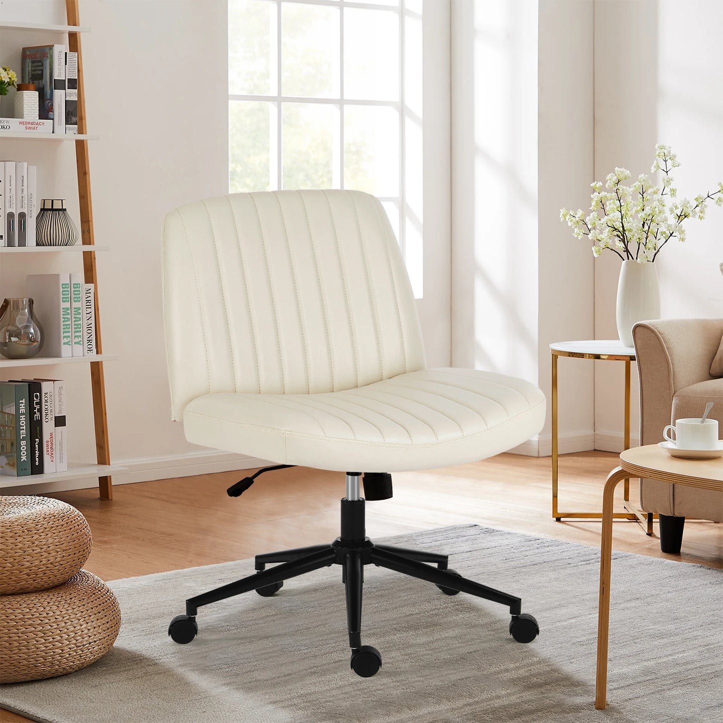 IComfyHome Armless Cross Office Chairs with Wheels PU Leather Swivel Living Room Desk Chair Height Adjustable Support Seat Furniture