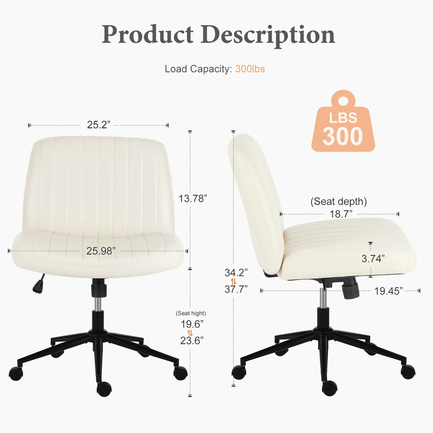 IComfyHome Armless Cross Office Chairs with Wheels PU Leather Swivel Living Room Desk Chair Height Adjustable Support Seat Furniture