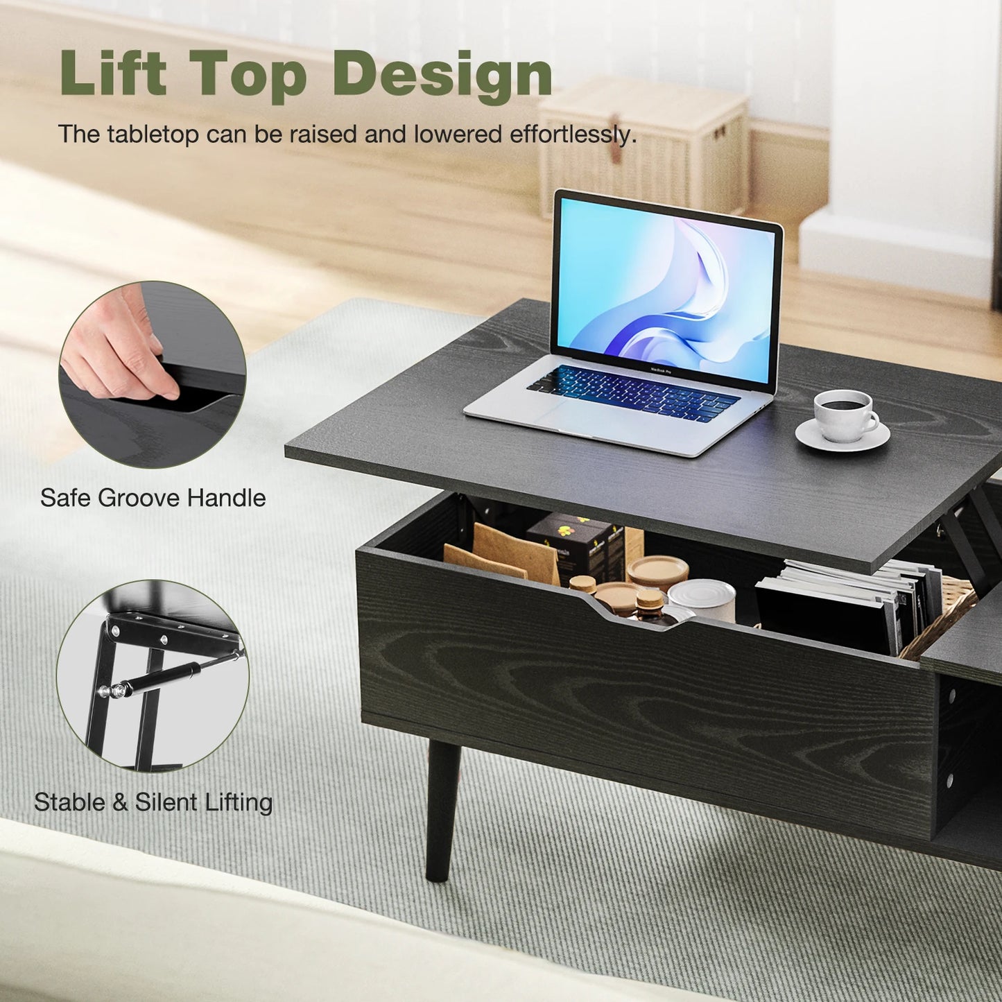 IComfyHome Lift Top Coffee Tables For Living Room 39.37"x19.7" Desk Tea Wood Dining Tables Adjustable Storage Shelf Easy Lift Or Lower