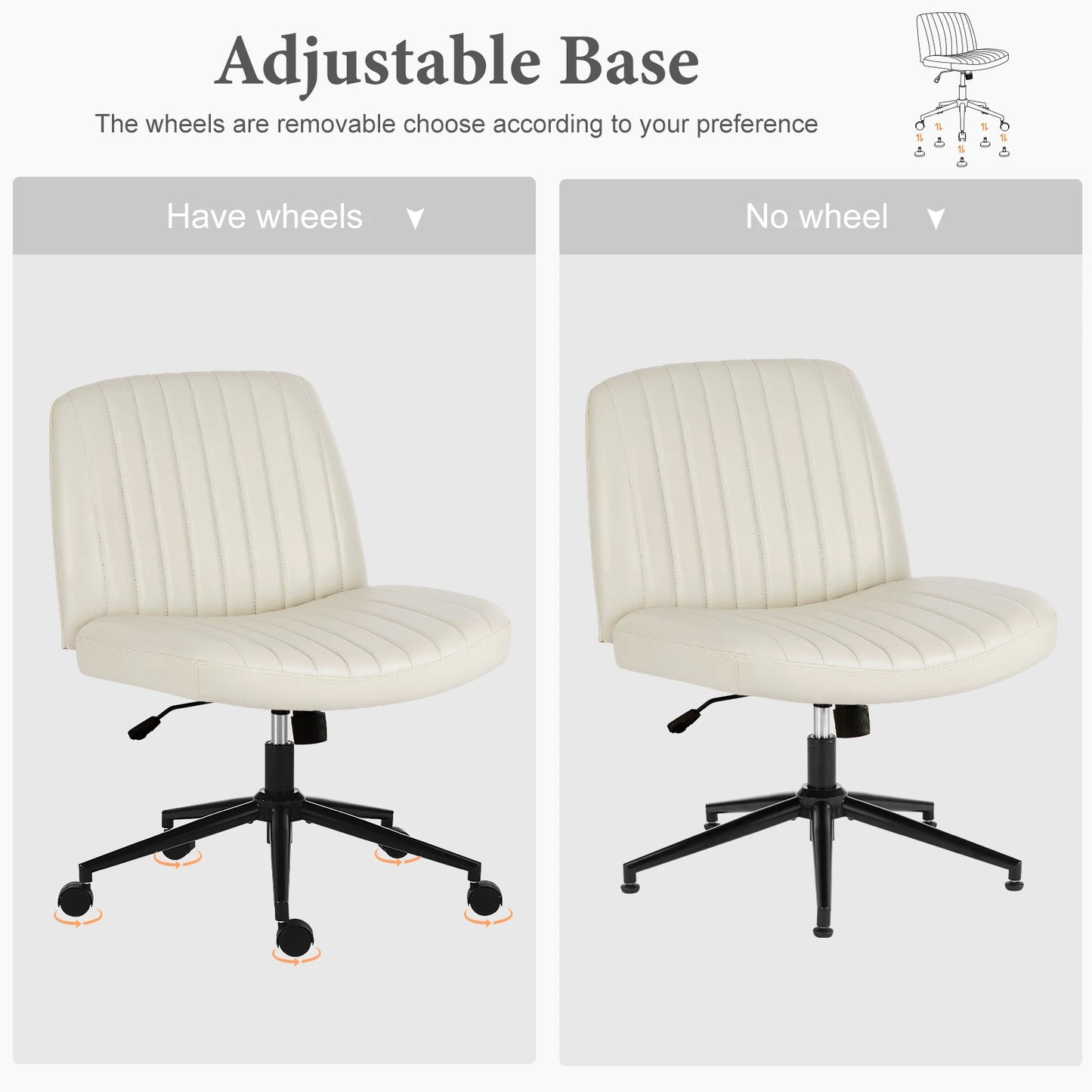 IComfyHome Armless Cross Office Chairs with Wheels PU Leather Swivel Living Room Desk Chair Height Adjustable Support Seat Furniture