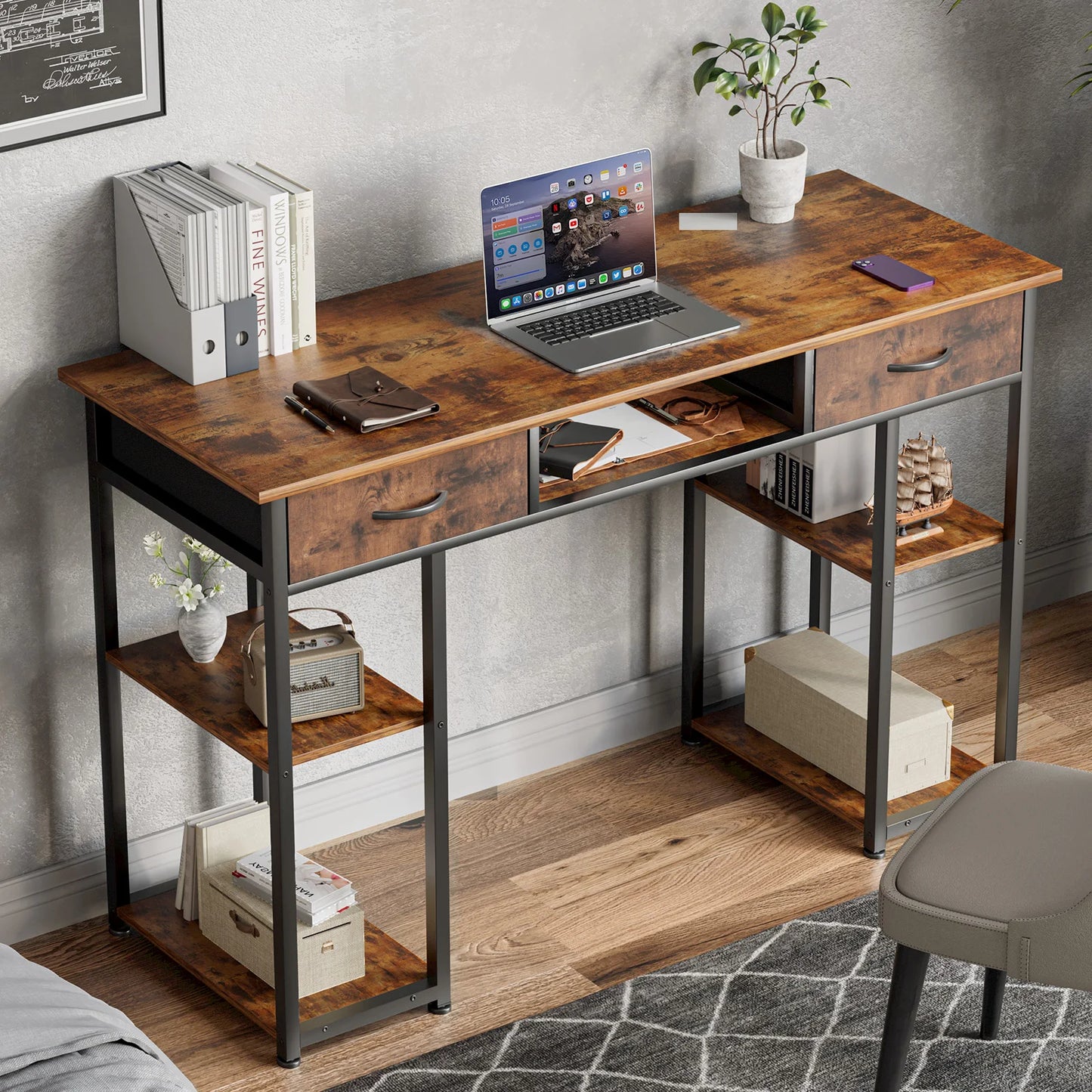 IComfyHome 48 Inch Double Deck Shelving Office Computer Desk with Pull-out Fabric Storage Drawers Metal Frame Adjustable Feet Table 