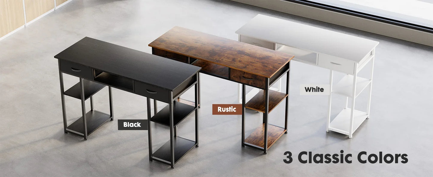 IComfyHome 48 Inch Double Deck Shelving Office Computer Desk with Pull-out Fabric Storage Drawers Metal Frame Adjustable Feet Table 