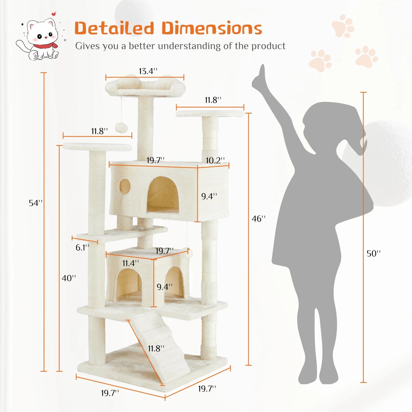 IComfyHome 54in Tall Multi-Level Cat Tree Tower for Indoor Pet Furniture Stable Kitty Play House with Sisal Scratching Post for Home