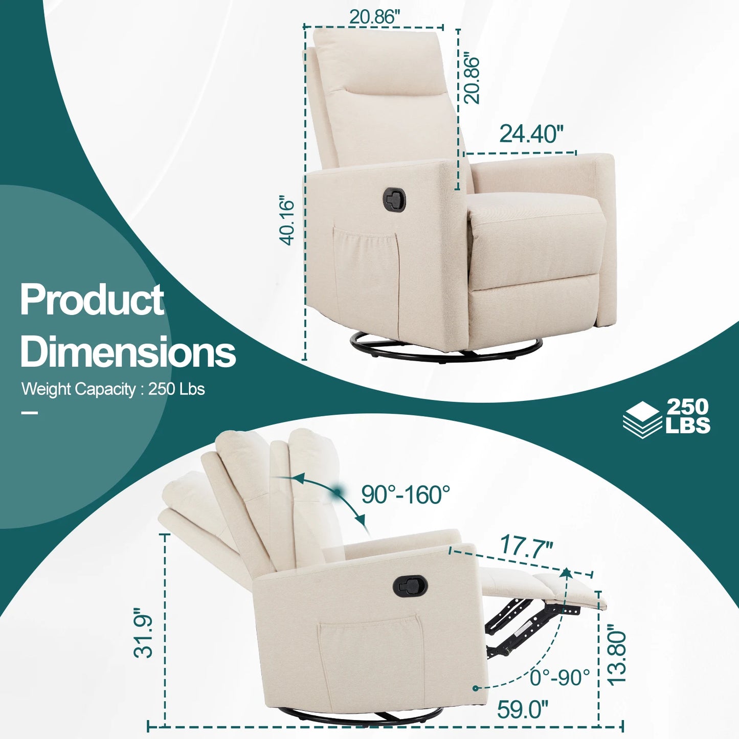 IComfyHome Rotating Rocking Chair Recliner With Oversized Foot Swivel Rocking Rocker Recliner Glider Nursery Chair for Living Room