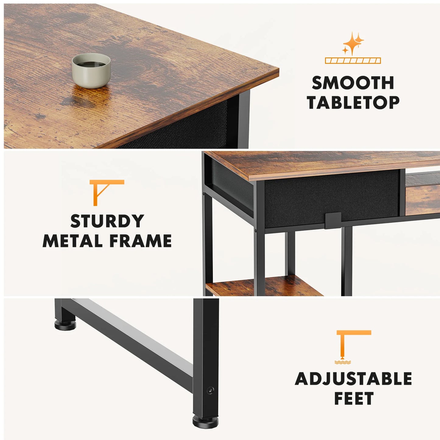 IComfyHome 48 Inch Double Deck Shelving Office Computer Desk with Pull-out Fabric Storage Drawers Metal Frame Adjustable Feet Table 