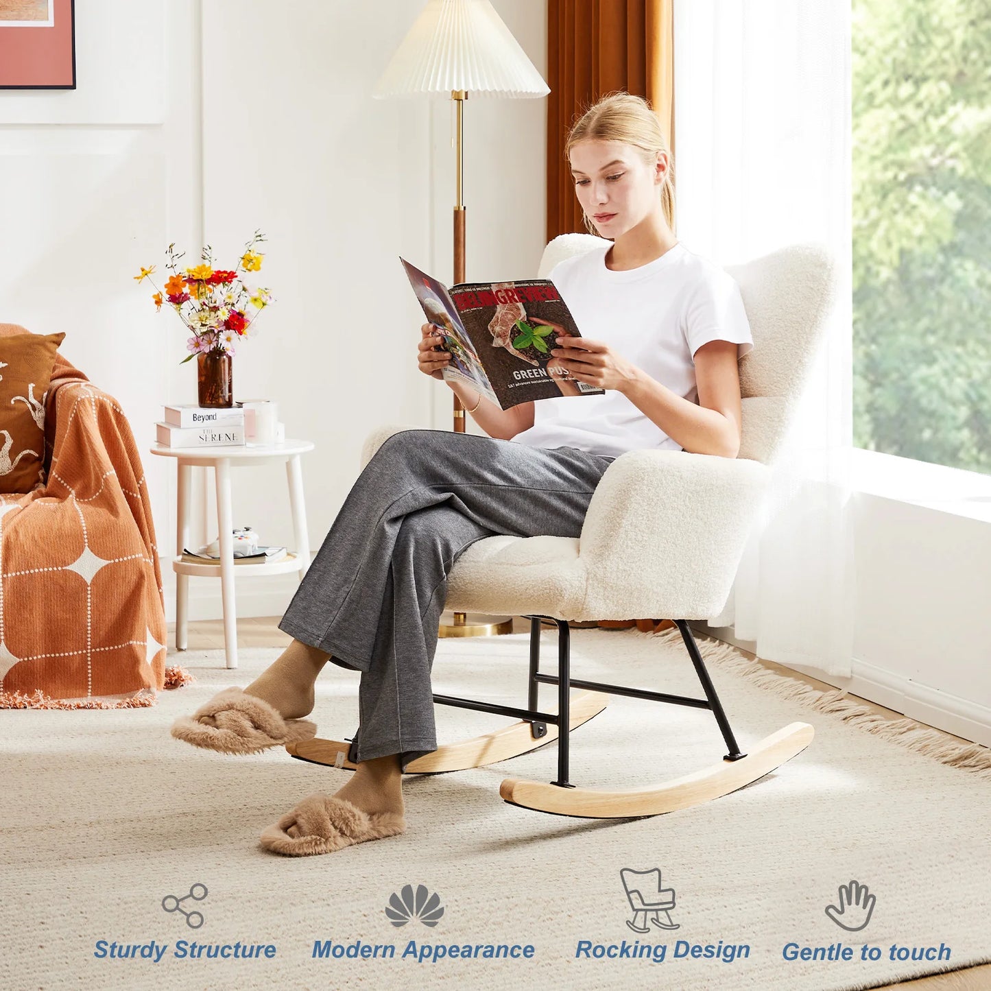 IComfyHome Teddy Fabric Upholstered Glider With High Backrest Padded Seat Accent Recliner Cushion Rocker Armchair Bedroom Furniture