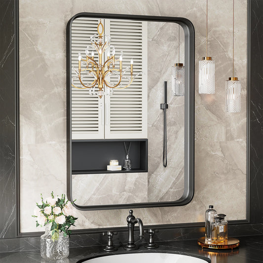 IComfyHome Matte Metal Framed Bathroom Mirror for Wall Vanity Rectangle Rounded Corner Tempered Glass Mirror Clear Reflection Modern