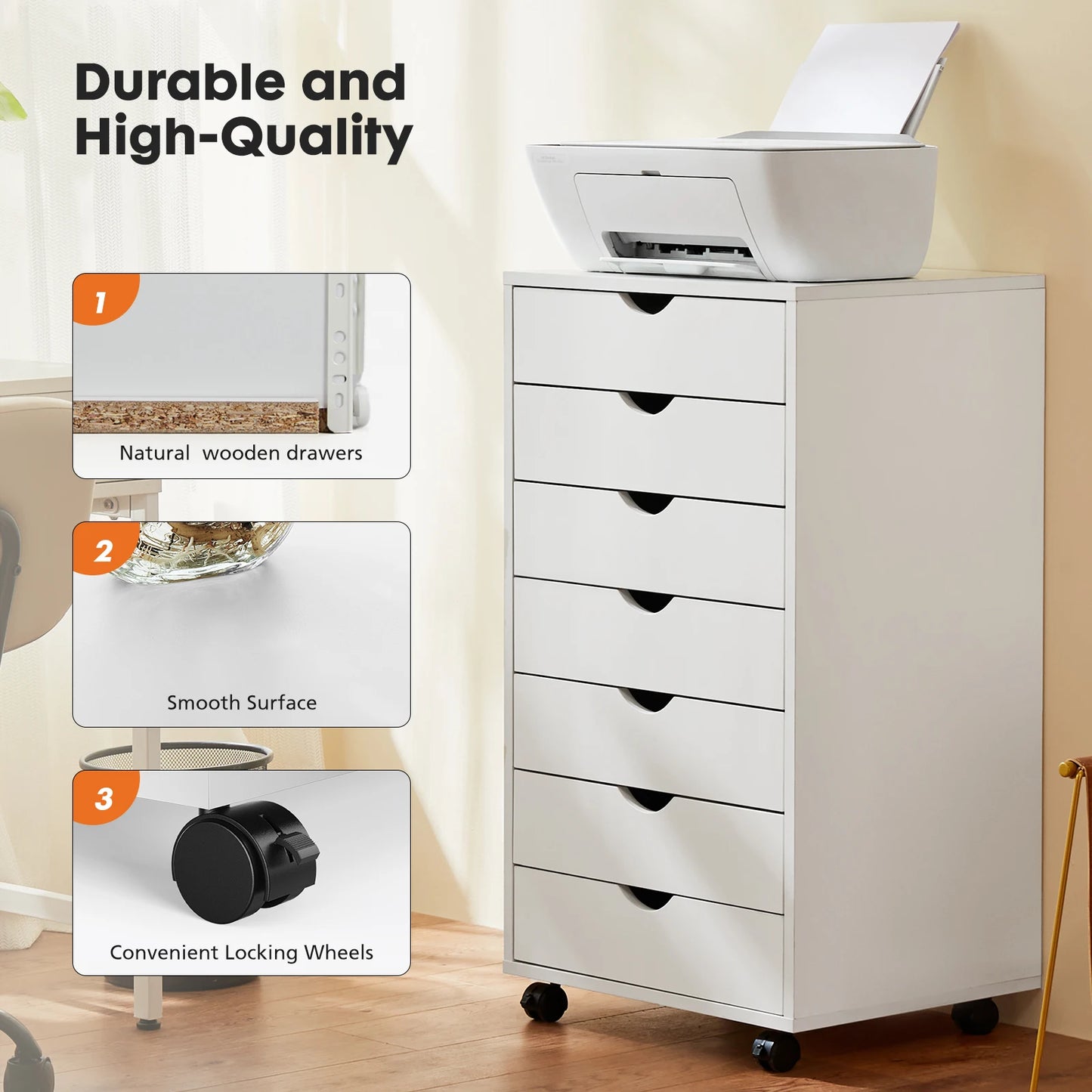 IComfyHome 7 Drawer Chest Dressers Nightstand Storage Cabinet Wooden File Office Mobile Cabinet Wheels Living Room Organizer Rolling