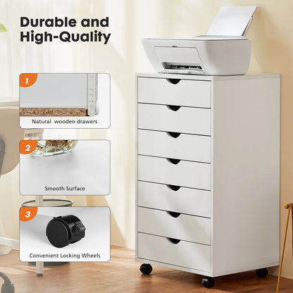 IComfyHome 7 Drawer Chest Dressers Nightstand Storage Cabinet Wooden File Office Mobile Cabinet Wheels Living Room Organizer Rolling