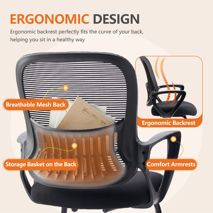 IComfyHome Ergonomic Office Chair No Wheels with Comfy Armrest and Mesh Lumbar Support Back Basket Design for Guest Reception