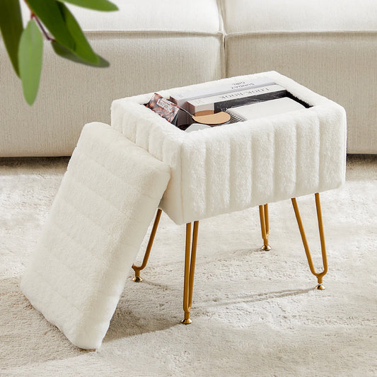 IComfyHome Faux Fur Living Room Hidden Storage Stools & Ottomans Padded Makeup with 4 Metal Legs Anti-Slip Adjustable Feet for Home