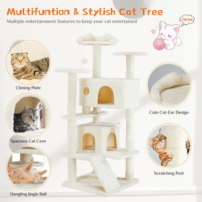 IComfyHome 54in Tall Multi-Level Cat Tree Tower for Indoor Pet Furniture Stable Kitty Play House with Sisal Scratching Post for Home